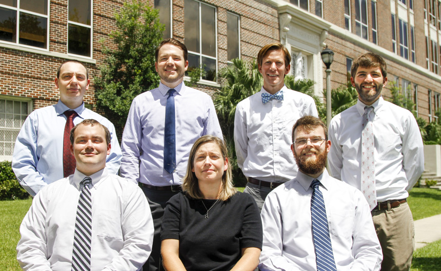 New Faculty for 2016-2017: (from left, top - Todd Velianski, Christopher McCabe, Peter Flores '09, Andy Lade '07, (from left, bottom) Jordan Holmer '12, Monica Younger, and Jason Britsch '12.