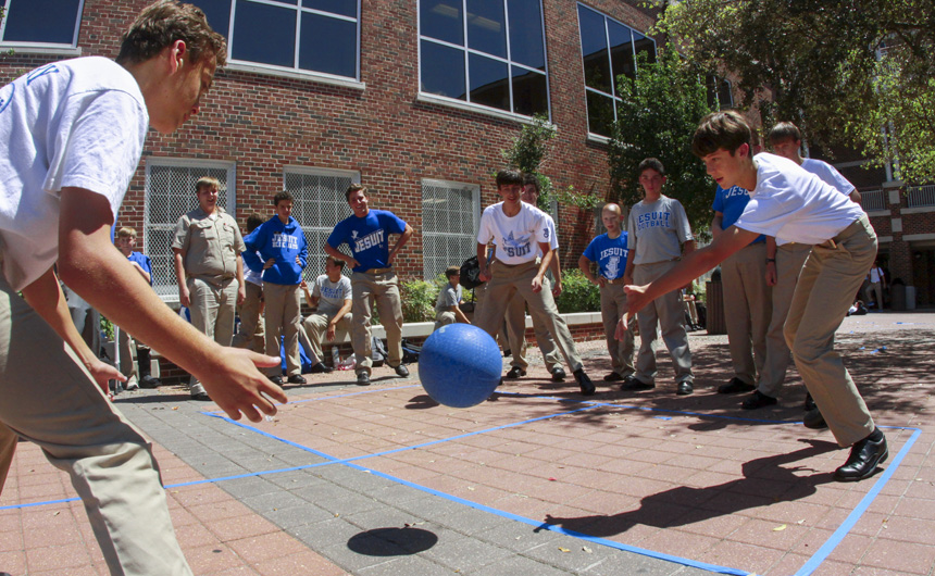 Students get into the Blue Jay spirit during a competitive game of Four Square at lunch. 