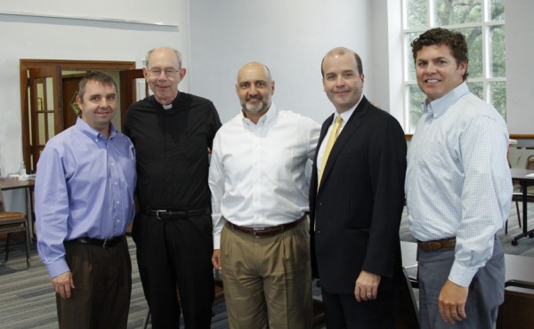 From left are Philip Nimmo, Fr. Anthony McGinn, S.J., 2016 PAG chairman Rocky Daigle '85, Neal Kling, and Kelly Parenton '90. Kling and Parenton are tri-chairs for the Class of 2017. Nimmo was chairman of the 2015 PAG drive.