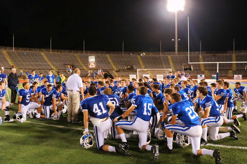 Coach Mark Songy shares a laugh with the Blue Jays following their 34-13 win over Escambia. The Jays open Catholic League play against St. Augustine on Friday, September 23, at Tad Gormley. Kickoff is 7 p.m. and Jesuit will occupy the visitor's side of the stadium, on the Roosevelt Mall side. Pre-game tickets will be sold at Jesuit's switchboard starting Wednesday, September 21 - Friday, September 23, from 8 a.m. - 4 p.m.