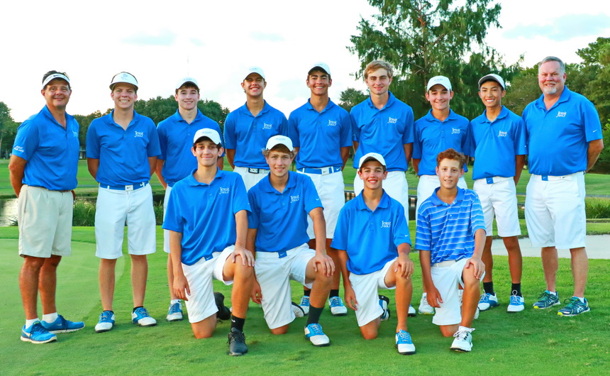 Jesuit's 2016-17 golf team opened its fall season Tuesday, September 13, with a dual match against Rummel at Timberlane Country Club's course on the Westbank. Kneeling, from left: sophomores Britt Khalaf, Jay Rowell, and Jackson Maniscalco, and freshman Andrew Barreca, the newst member. Standing, from left: assistant coach Monty Glorioso, senior and captain Nolan Lambert, juniors Andrew Kuebel, Grayson Glorioso, J.T. Holmes, Jack Vollenweider, Jake Kuebel, and Addison Bui; and head coach Owen Seiler '78.