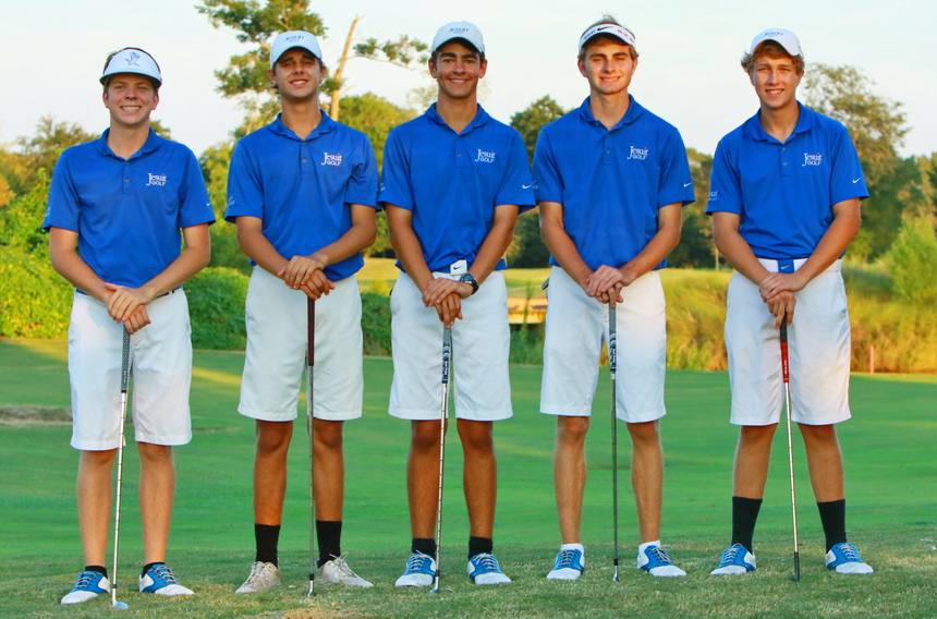 In a dual match against Brother Martin on September 20 at Lakewood Golf Club, Blue Jay golfers carded a 148, 20 strokes better than their opponent. From left, along with their scores on the front nine, are: senior and captain Nolan Lambert (36), juniors Grayson Glorioso (37), J.T. Holmes (35), and Jack Vollenweider (40), and sophomore Jay Rowell, whose high score of 41 was discarded.
