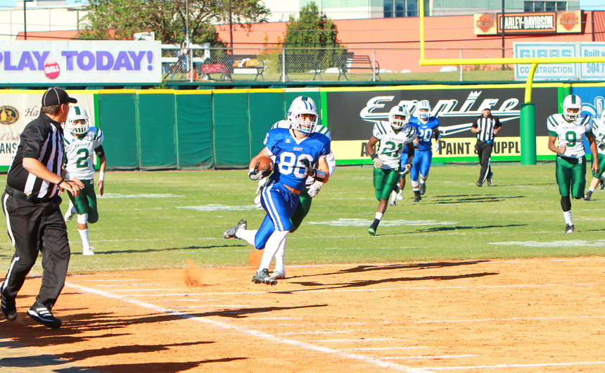 Bryce Musso catches a short pass and turns it into a 73-yard touchdown, his first of two against Shaw on Saturday, Oct. 22, at Zephyr Field.