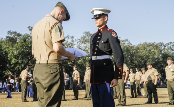 Senior Cadet Captain Noah Griffin, who received recognition as a standout MCJROTC member, steps up for his inspection.