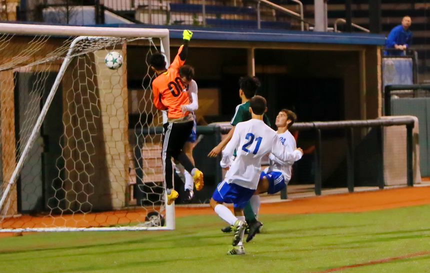 ... Chris Tadros's kick sends the ball sailing into the far reaches of the Irish goal, giving the Jays a hard-fought 1-0 win.