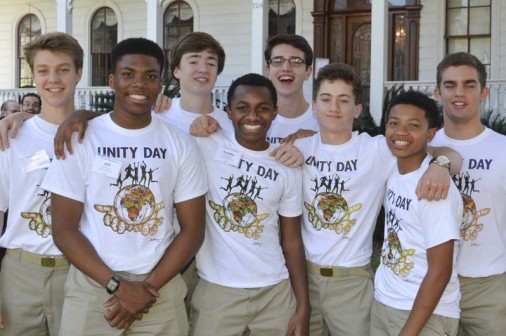 Jesuit sophomores Dowen Fife, Will Robinson, Cole LaCour, Freddie Washington, Josef Ernst, Austin North, Dylan Davidson, and Cy Fuxan take a moment for a picture at the ADL's Unity Through Understanding Day on Friday, Feb. 10 at Loyola University's School of Law.