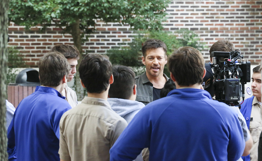 Harry Connick, Jr. visits with students in Traditions Courtyard to hear about the goings on at Carrollton and Banks.