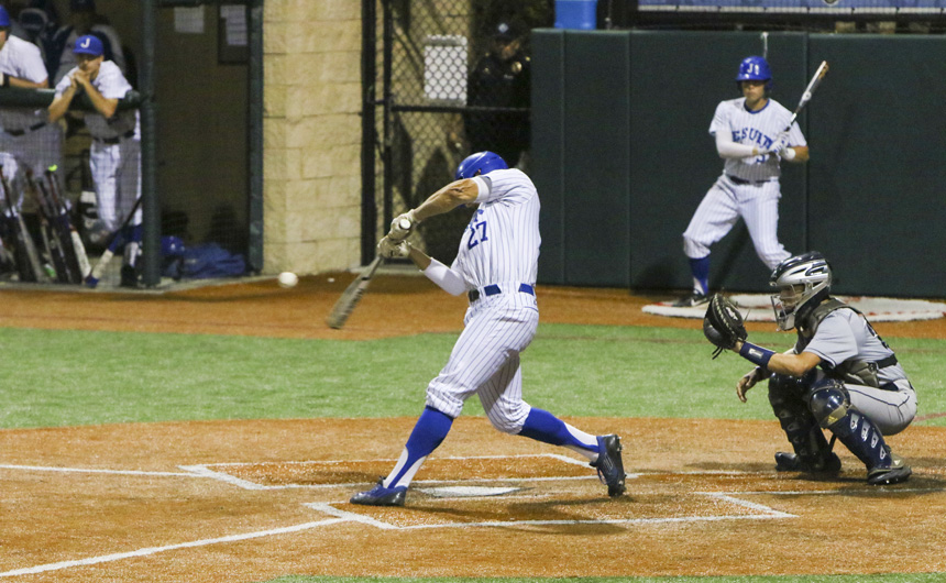 Senior Stephen Sepcich (27) rips a double to left center in the bottom of the fifth...