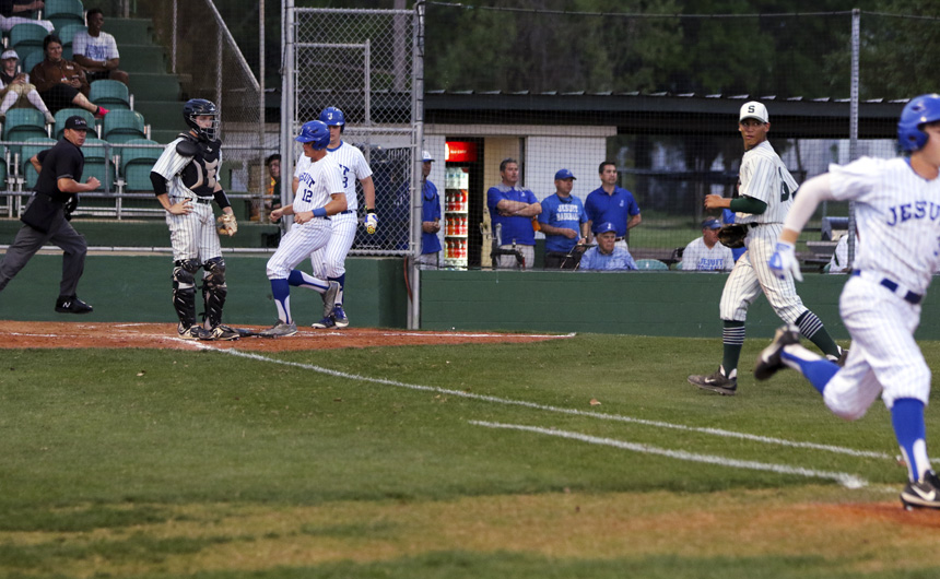 The single to right field by Marc Theberge (3) drives in Nick Ray (12) for the second Blue Jay run of the ball game.