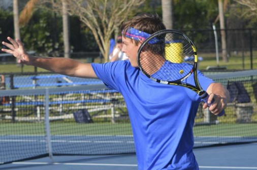 Senior Jack Steib prepares to unleash a forehand against Country Day on Tuesday, March 28.