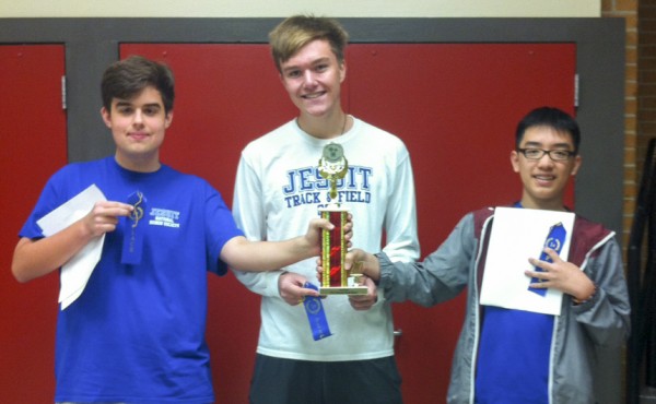 Analysis students (from left) juniors Graeme Mjehovich, Timmy Stahel, and Austin Tran placed first in Math Bowl.
