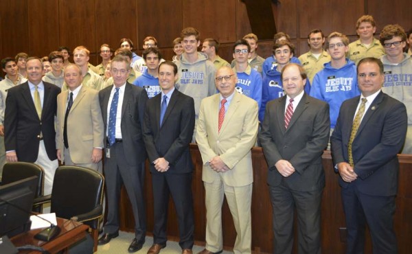Jesuit alums Jay Quinlan Jr., Maurice Landrieu, Claude Kelly, Peter Mansfield, The Honorable Jay Zainey '69, Gary Schwabe, and Doug Farrell welcomed 32 Jesuit juniors to Law Day at the federal courthouse on May 2.