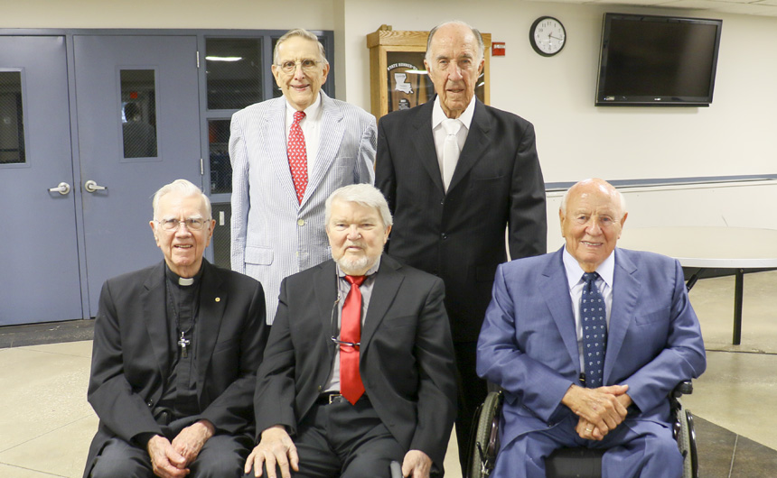 The 70-Year Reunion Class of 1947 - (seated, l-r) Fr. Joe Tetlow, Al Marks, and Bob Gallinghouse; standing (l-r), Pat Schott and Charles Murret