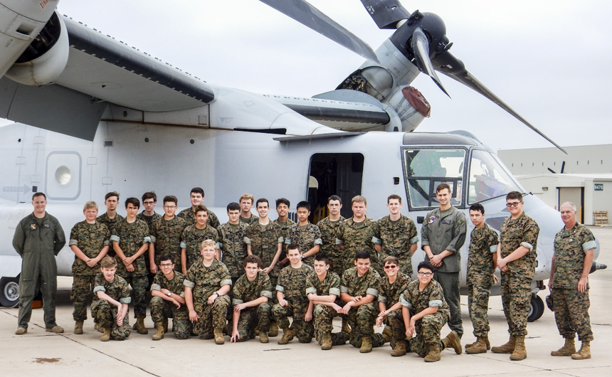 Back on the ground, the group of cadets pose for a final shot with the MV-22 Osprey.