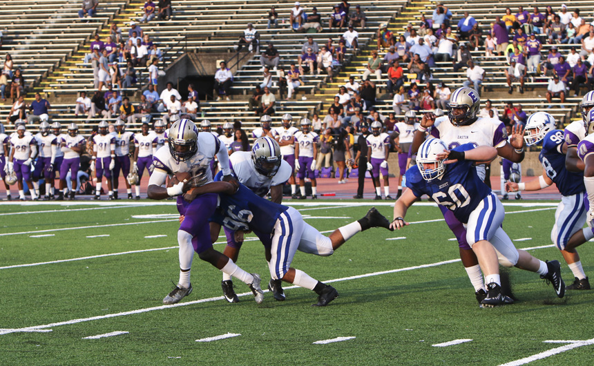 Senior Matthew Frischhertz penetrates the line of scrimmage and completes the sack for a loss of yards.