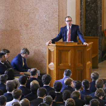 Jesuit principal Peter Kerion ’90 addresses students after the Mass of the Holy Spirit to remind them of the generosity given to Jesuit New Orleans by the Strake Jesuit community in the aftermath of Hurricane Katrina. He then encouraged students to be generous in this drive to support Houston families who are in need following Hurricane Harvey.
