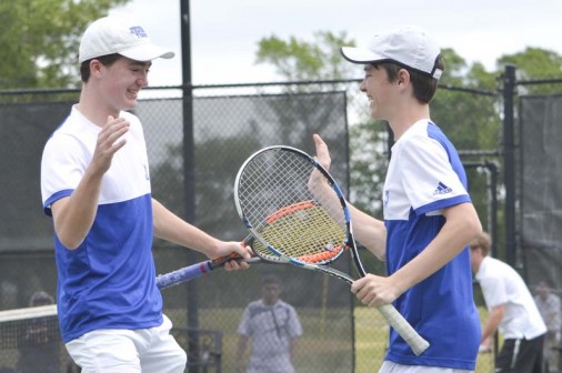 Cole LaCour and Dex Webster are all smiles after their first round win at the state tournament.