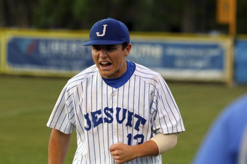 Junior Will Moran reacts after his game-saving throw in the bottom of the 8th inning.