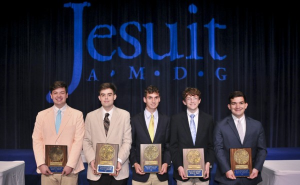 The Blue Jay Parents’ Club Award for excellence in scholarship is awarded to the seniors who are graduating with the highest grade point average for four years at Jesuit High School. They are also named co-valedictorians of their class. This year, the award is merited by 5 seniors: Robert R. Christmann, Garrett T. Crumb, Samuel O. Guillory, Graeme S. Mjehovich, and William C. Rogers.
