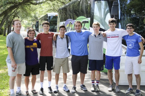 Along the tree-lined avenue at Grand Coteau, young alumni chaperones Dillon Knight and Joe Dupré stand with junior counselors Ian Hanemann, Ben Nguyen, Dalton Baglio, Clark Romig, Parker Serio, and Connor Quaglino.
