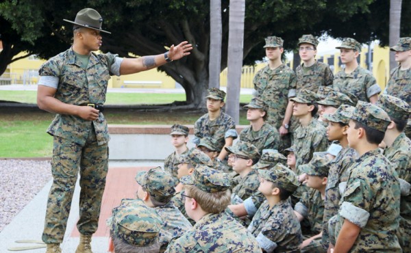 Drillmaster Sgt. Jefferson instructs the cadets on proper drill formation.