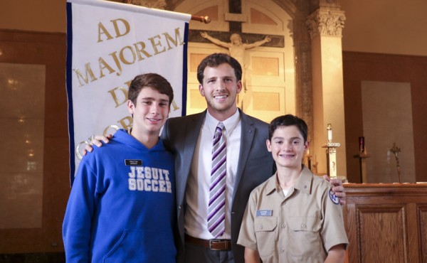 The featured alumni speaker was Jacob Meariman '13, pictured here with Preston Bordes and his Little Brother, new student Patrick Roddy.